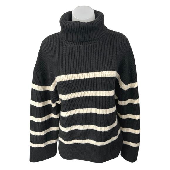 Zara Black White Striped Rib Knit Turtleneck Long Sleeve Pullover Sweater Top M - Picture 1 of 4